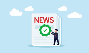 Gazetenin kalite ve iyi haber illüstrasyonunun yanında işaret simgesi taşıyan bir işadamı