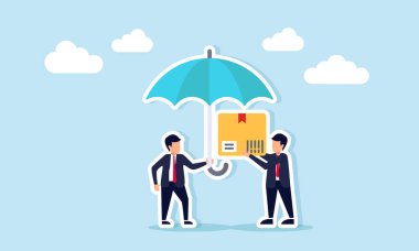 Elinde şemsiyesi olan bir iş adamı, lojistik sektöründe bir paket kutu illüstrasyon taşıyan başka bir işadamını koruyor.