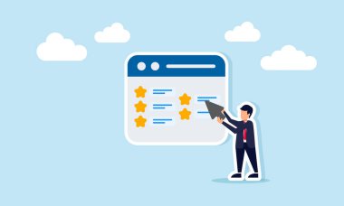 İş adamı, iş kalitesindeki ilerlemeyi analiz eden bir yıldız listesini gösteren bir uygulamaya işaret eden bir imleç tutuyor