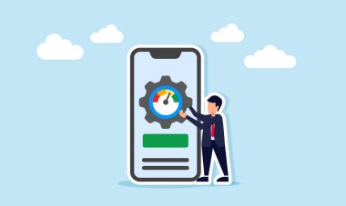 Akıllı telefon tutma teçhizatının yanındaki iş adamı dijital iş performans gözlemlemesinin ölçüm göstergesi ile