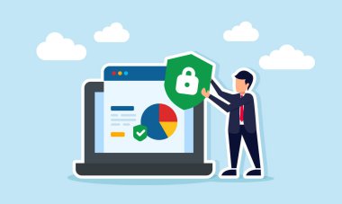 İş adamı kalkanı elinde kilit sembolüyle dizüstü bilgisayarının yanında kurumsal dijital veri güvenliğini gösteren pasta grafiği gösteriyor