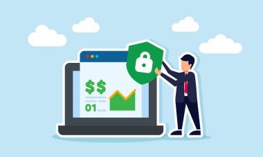 Kalkanı elinde tutan bir iş adamı dizüstü bilgisayarının yanında kilit sembolü ve kurumsal finansal veri güvenliğini gösteren dolar işareti taşıyor.
