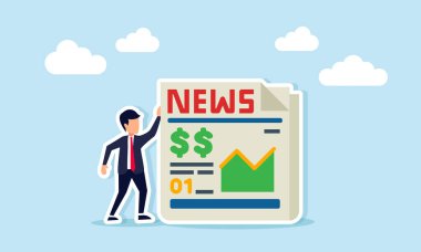 Küresel ekonomi haberlerini gösteren mali grafik ve dolar tabelasını gösteren gazetenin yanında duran iş adamı