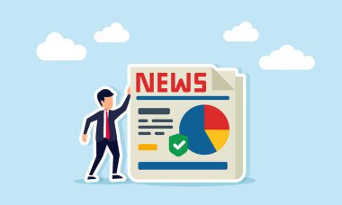 Gazetenin yanında duran iş adamı, küresel pazar segmentasyon haberlerini gösteren bir pasta grafiği sunuyor.