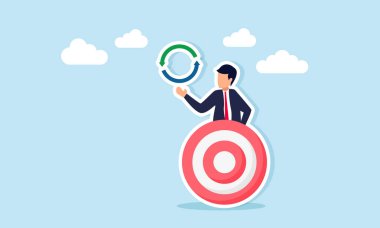 Hedef tahtanın arkasından çıkan iş adamı iş hedefinin yenilenmesinin sürekli simgesini gösteriyor