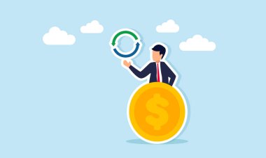 Dolar madeni parasının arkasından çıkan işadamı, iş dünyasının nakit akışı tirajının sürekli simgesini gösteriyor