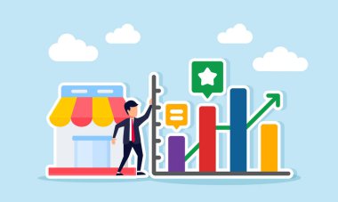 Çizelgeye göre artan iş satış performansının grafiklerinin yanında duran bir işadamı