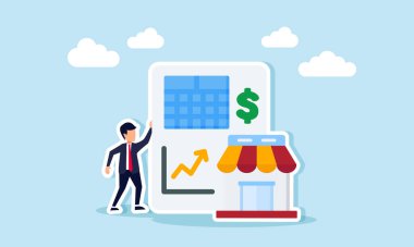 Dolar sembollü mali raporun yanında duran işadamı yükselen grafiği ve pazar yeri illüstrasyonunu saklıyor