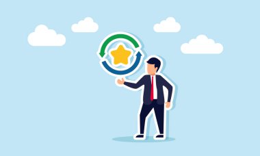 İş adamı, devam eden kalite standardının gelişmesini gösteren sürekli simgeyle yıldız sunuyor