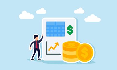 Dolar sembolü yükselen grafikle mali raporun yanında duran işadamı, iş performansı illüstrasyonunu istifliyor