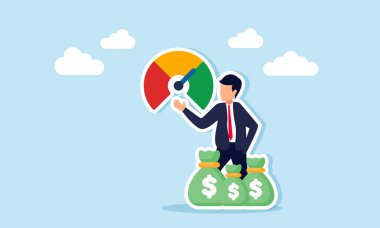 Çok sayıda para çantası olan işadamı, iyi ve istikrarlı iş performansının düzey gösterge makinesi çizimini gösteriyor