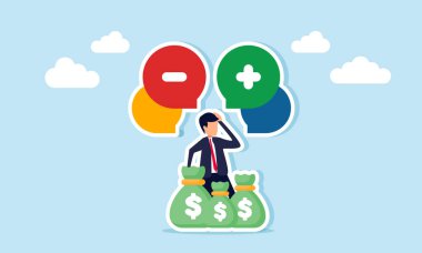 Para çantalı bir iş adamı, doğru iş yatırımını seçmek için gerekli riskleri hesaplamada belirsizliği gösteren artı ve eksi sohbet simgeleriyle karışık görünüyor.