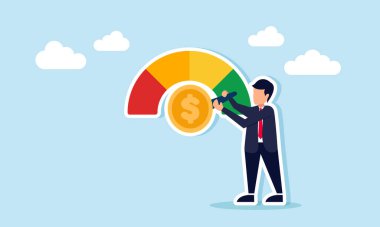İş adamının performans düzeyi gösterge makinesini ayarlaması iş dünyasının mali performansının dolar sikke resimleriyle işaretlendi