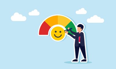 İş adamı, iş ürünlerine yönelik piyasa dikkati performansının mutlu emoticon illüstrasyonuyla işaretlenmiş seviye gösterge makinesini ayarlıyor