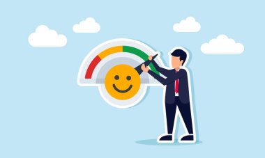 İş adamı, iş ürünlerine yönelik piyasa tepkisi performansının mutlu emoticon illüstrasyonuyla işaretlenmiş seviye gösterge makinesini ayarlıyor