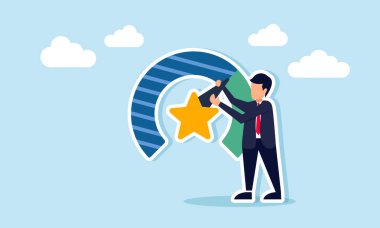 İlerleme göstergesi iğnesini düzelten işadamı, iş kalitesindeki ilerlemenin yıldız çizimi ile işaretlendi