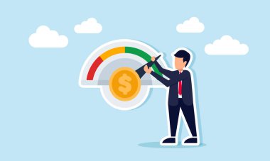 İş adamı, iş dünyasının finansal performansının dolar sikke çizimi ile işaretlenmiş seviye gösterge makinesini ayarlıyor