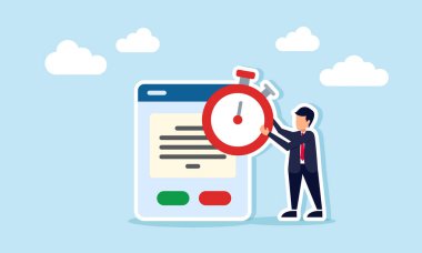 Uygulama arayüzü çiziminin yanında kronometre taşıyan iş adamı dijital tabanlı iş projesini tamamlamada son teslim tarihinin illüstrasyonunu yapıyor