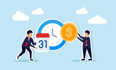 Elinde dolar sikkesi olan bir işadamı ve bir diğeri saat önünde duran zaman çizelgesi stratejisini gösteren bir takvim.