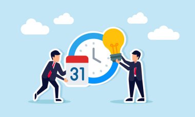 İş adamı elinde ampul tutuyor ve bir diğeri de iş fikirlerinin hayata geçirilmesi için son tarih stratejisini gözler önüne seriyor.