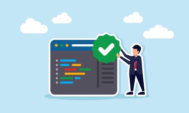 İş adamı iş uygulaması doğrulamasını gösteren programlama arayüzünün yanında kontrol işareti tutuyor