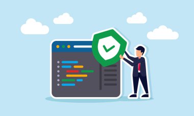 İş adamı, güvenilir iş uygulaması güvenlik sistemini gösteren programlama arayüzünün yanında işaretli kalkanı tutuyor