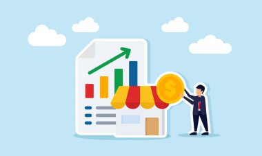 Piyasadaki satışların artmasından elde edilen kârın grafiksel veri örnekleriyle dolu kağıt ve mağazanın yanında dolar tutan işadamı.