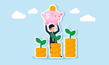 İşadamı kumbarayı grafiğin arkasında tutuyor ve grafiğin her bir parçasında ticari mali yatırım performansında ilerleme gösteren para ve bitkiler var.