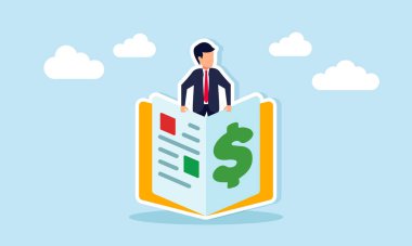 İş adamı, iş yatırımları yapma yönergelerinin bir dolar işareti çizelgesiyle bir rehber kitaptan çıkıyor.