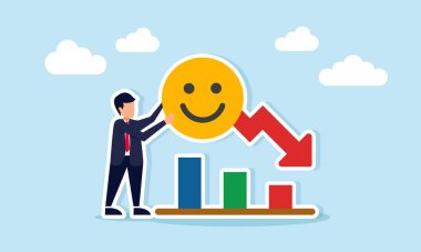 Kamu piyasasının ilgisinin azaldığının grafiksel bir çizelgesinin yanında mutlu bir ifade tutan işadamı