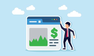 Bir uygulama arayüzünün yanında duran işadamı dijital işletme finansal izleme ve analizinin grafik ve dolar işaretlerini gösteriyor