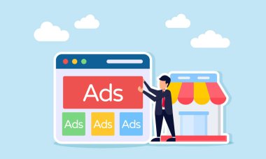 İş adamı, tanıtımını optimize etmek için bir reklam mağazasının yakınına bir uygulama arayüzü üzerine ilan veriyor.