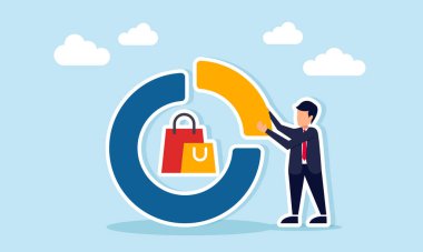 İşadamı, işletme ihtiyaçları için iş harcaması bütçesini hesaplayan bir alışveriş çantası hazırlıyor.