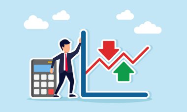 Bir hesap makinesi ile iş risk hesaplamasının dalgalı çizelgesi arasında duran işadamı