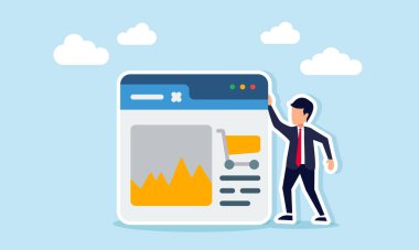 Bir uygulama arayüzünün yanında duran işadamı, iş pazarlama stratejisi için grafik verilerinin izlenmesi ve analiz edilmesi için bir grafik ve alışveriş arabası imzası atıyor.