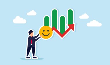 İş adamı, artan bir kamu piyasası ilgisi çizelgesi ile mutlu bir ifade tutuyor.