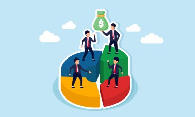 İşadamları, büyük sermaye şirketlerinin mali istatistiklerinin para çantası çizelgesiyle bir pasta grafiğinin etrafında toplandı.