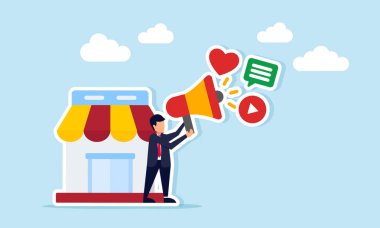 Bir mağazanın yanında elinde sosyal medya simgeleriyle duran işadamı, tanıtım ve iş dünyasının sosyalleşmesinin resimlerini gösteriyor