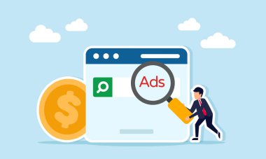 Elinde büyüteç bulunan işadamı ADS etiketli uygulama arayüzü ile reklam sektörünün mali yönetim illüstrasyonunun dolar madeni para illüstrasyonunun yanında