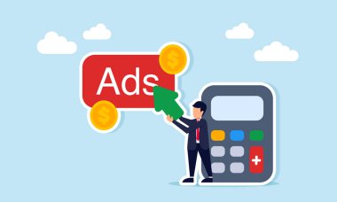 Hesap makinesinin yanında duran işadamı, elinde reklam düğmesine işaret eden imleç ile her tıklama başına ödenen paranın para illüstrasyonunu gösteriyor.