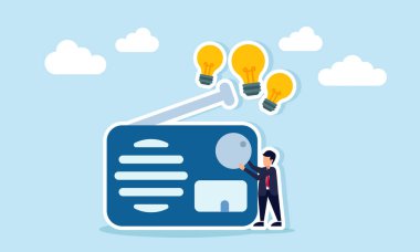 Etrafı ampullerle çevrili bir radyonun yanında duran bir iş adamı iş fikri illüstrasyonunu paylaşıyor