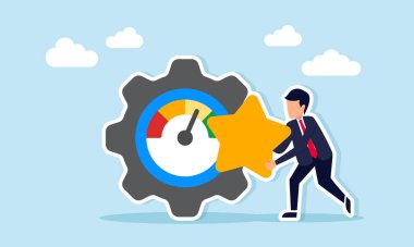 İş adamı, iş kalitesinde standart iyileşme göstergesi ile vites yanında yıldız tutuyor