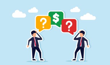 Sohbet diyaloğu ile kafası karışmış iki işadamı dolar işareti gösteriyor. Bu da bir işadamının mali yönetim hakkında tartışırken kafa karışıklığını gösteren bir soru işareti çizelgesi çizmesine neden oluyor.