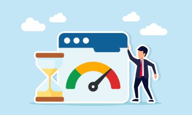 Kum saati ve uygulama arayüzünün yanında duran işadamı, iş izleme programı veya zaman çizelgesini gösteren seviye göstergesi