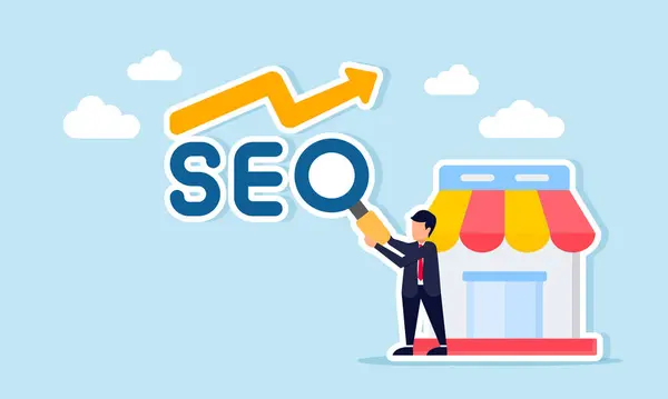 Bir dükkanın yanında elinde büyüteç olan bir işadamı anahtar kelime optimizasyonundan dolayı artan pazar satış grafiğinin bir örneği.