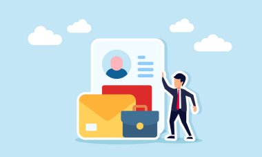 Profil belgesi zarfının yanında duran iş adamı ve etkileyici müfredat vitae ve iş deneyimine sahip iş başvurusunun evrak çantası illüstrasyonu