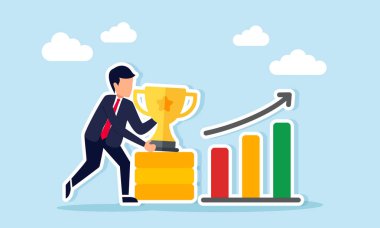 Elinde kupa olan bir işadamı, iyi performans kazanma unvanının grafiklerinin yakınındaki para yığınına önde gelen şirket unvanını koydu.