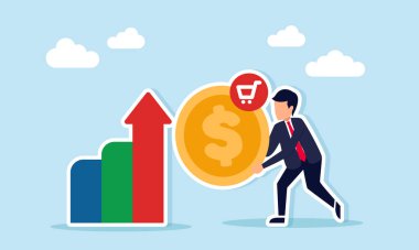 Grafik başında duran işadamı, elinde dolar sikkesi ve artan iş harcamalarını simgeleyen grafik simgesi tutuyor.