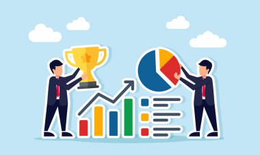 Grafik yakınındaki iki işadamı, bir tanesinin elinde turta grafiği var, diğeri ise iş dünyasının önde gelen şirketlerinden biri olmak için işbirliği ya da ortak girişimin resimlerini taşıyor.