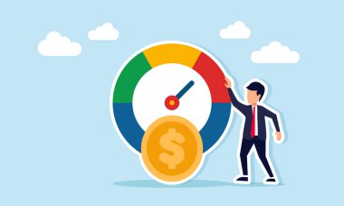 İşadamı, iş dünyasının mali performansını izlemenin para basma göstergesinin yanında duruyor